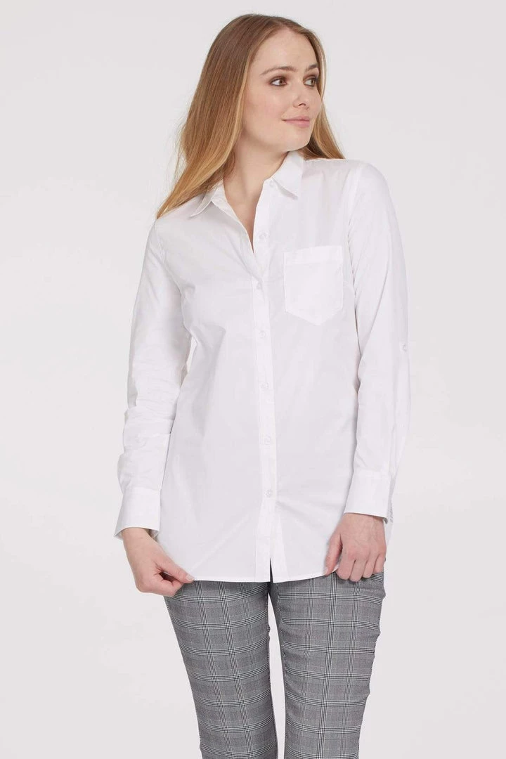 Tribal Women's Classic White Button Up Shirt With Roll-Up Sleeves 3 Tribal Women's Classic White Button Up Shirt With Roll-Up Sleeves