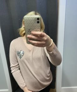 Pistache Basic V-Neck Sequined Heart Top * Last Chance