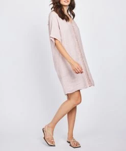 Pistache Caftan Linen Dress With Trimming