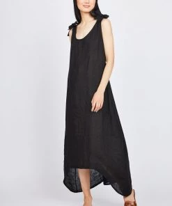 Pistache High Low Linen Dress With Bow Straps