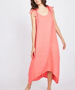 Pistache High Low Linen Dress With Bow Straps