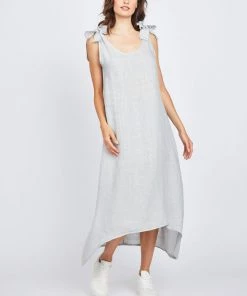 Pistache High Low Linen Dress With Bow Straps