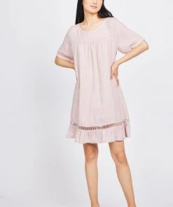 Pistache Linen Dress With Ladder Trim Bottom