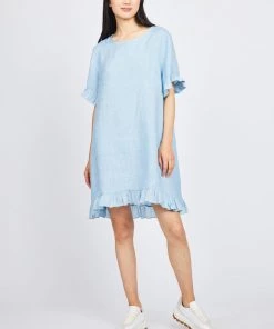 Pistache Ruffle Trim Linen Dress