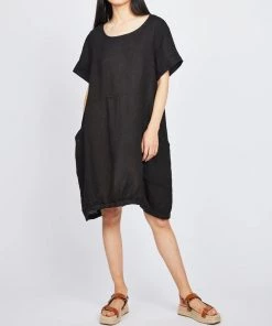 Pistache Short Sleeve Linen Dress With Center Elastic Bottom