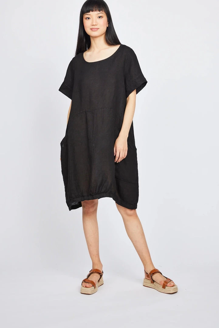 Pistache Short Sleeve Linen Dress With Center Elastic Bottom 3 Pistache Short Sleeve Linen Dress With Center Elastic Bottom