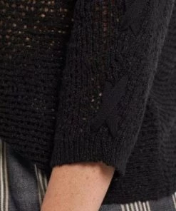 Tribal 3/4 Sleeve Boat Neck Sweater With Lace Up Detail